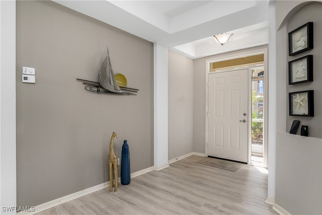 entrance foyer with a tray ceiling and light wood-type flooring