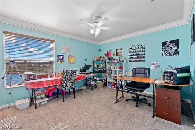 carpeted office with ceiling fan and ornamental molding