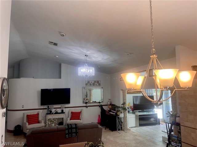 living room featuring lofted ceiling, a notable chandelier, and light tile patterned floors