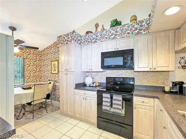 kitchen featuring light tile patterned flooring, backsplash, ceiling fan, and black appliances