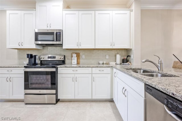 kitchen featuring sink, white cabinets, appliances with stainless steel finishes, and tasteful backsplash