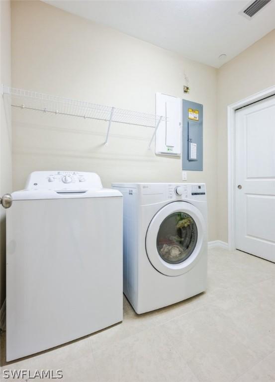 laundry area featuring electric panel and washing machine and dryer