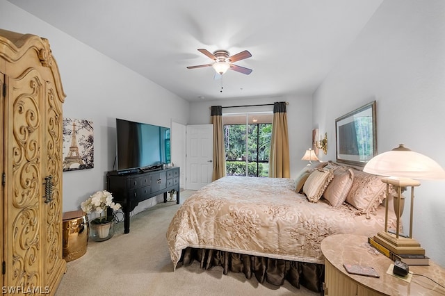 carpeted bedroom with access to outside and ceiling fan