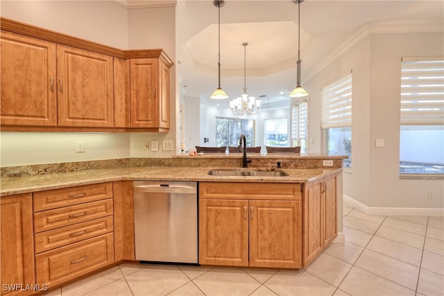 kitchen with pendant lighting, sink, light tile patterned floors, and stainless steel dishwasher