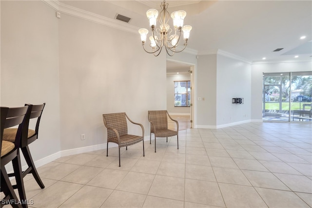 living area featuring crown molding, a notable chandelier, and light tile patterned floors