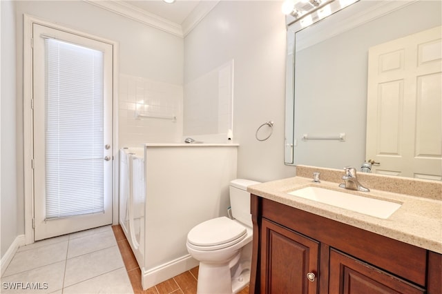 bathroom with tile patterned flooring, vanity, ornamental molding, toilet, and walk in shower