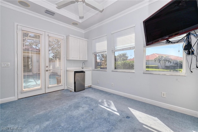 carpeted empty room with ceiling fan, crown molding, a raised ceiling, and a healthy amount of sunlight