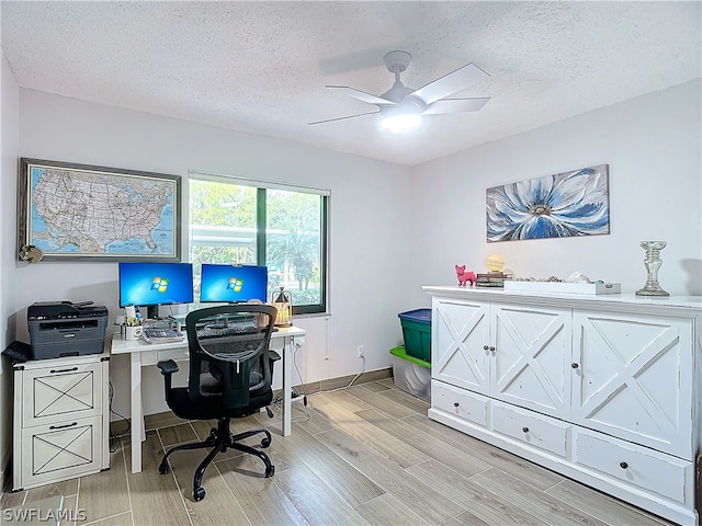 office space with ceiling fan, light hardwood / wood-style floors, and a textured ceiling