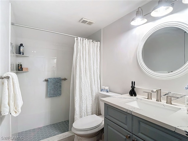 bathroom with a shower with curtain, vanity, and toilet