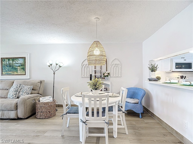 dining room with light wood-type flooring and a textured ceiling