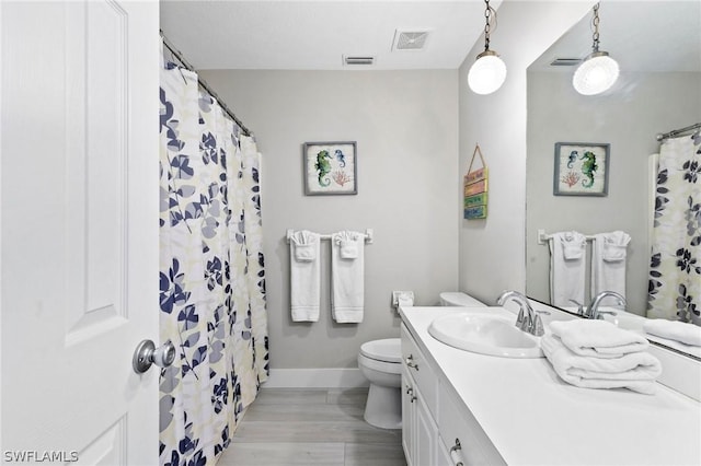 bathroom with vanity, wood-type flooring, and toilet