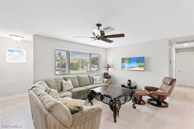 living room featuring ceiling fan and light wood-type flooring