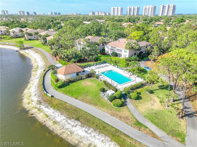 drone / aerial view featuring a water view