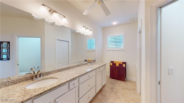 bathroom with vanity and ceiling fan