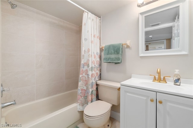 bathroom featuring toilet, visible vents, shower / bath combination with curtain, and vanity