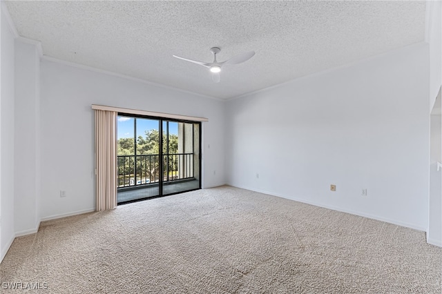 carpeted spare room featuring a ceiling fan, a textured ceiling, and baseboards