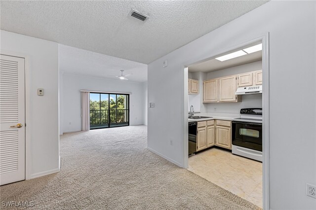 kitchen with light carpet, white electric range, a textured ceiling, and black dishwasher