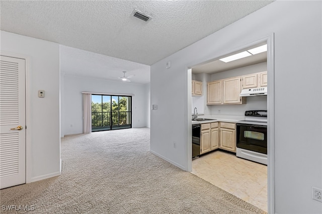 kitchen featuring white range with electric stovetop, light countertops, open floor plan, light carpet, and under cabinet range hood