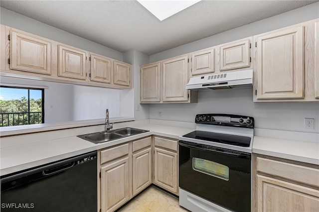 kitchen featuring under cabinet range hood, light countertops, black appliances, light brown cabinets, and a sink