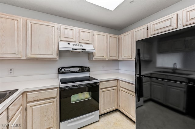 kitchen with light countertops, black range with electric stovetop, and under cabinet range hood