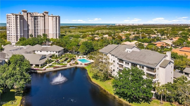 drone / aerial view featuring a water view