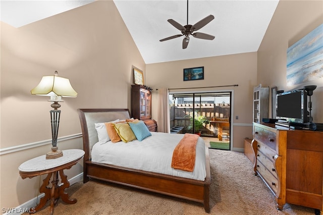 bedroom featuring ceiling fan, access to exterior, carpet floors, and lofted ceiling