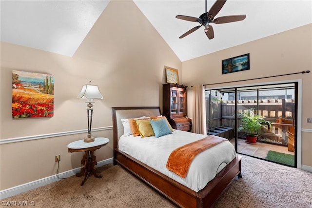 carpeted bedroom with access to exterior, high vaulted ceiling, and ceiling fan