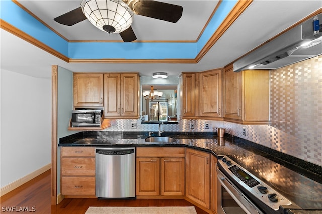 kitchen featuring sink, range hood, decorative backsplash, and appliances with stainless steel finishes