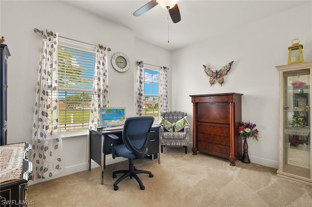 home office with light colored carpet and ceiling fan