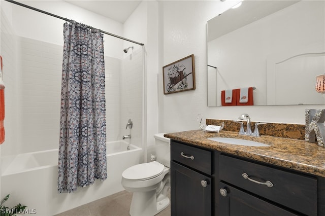 full bathroom featuring toilet, tile patterned flooring, vanity, and shower / bath combination with curtain