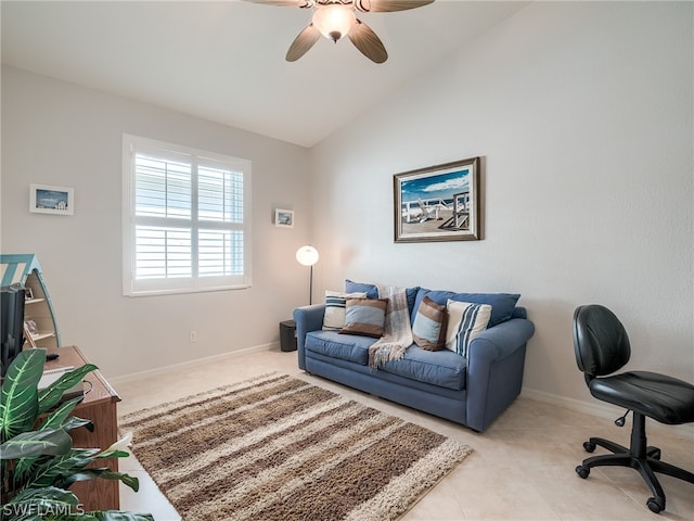 tiled living room with ceiling fan and vaulted ceiling