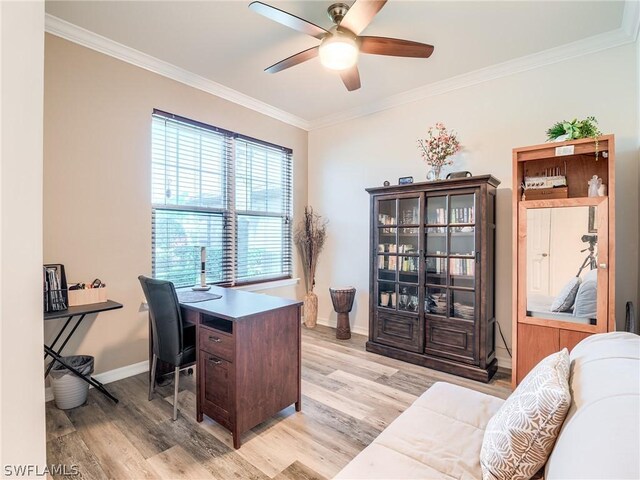 office featuring crown molding, light wood-type flooring, and ceiling fan