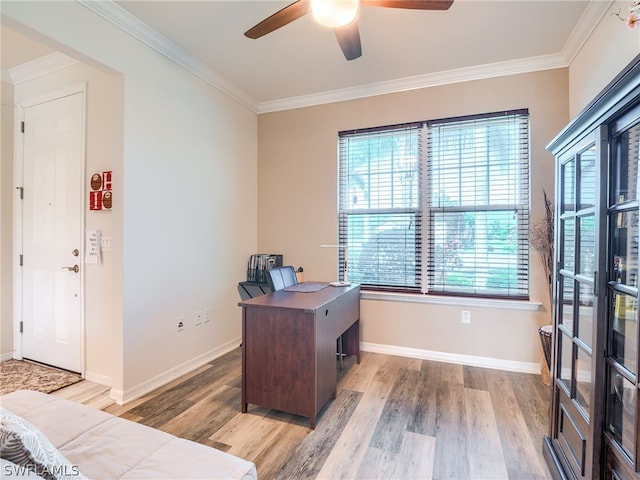 office area with crown molding, ceiling fan, and hardwood / wood-style floors