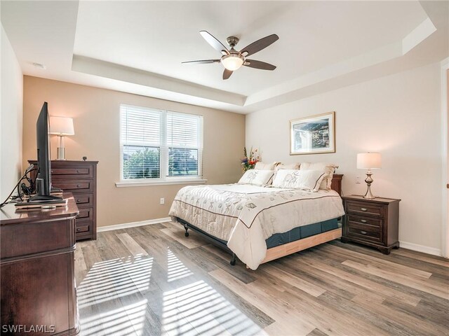 bedroom with light hardwood / wood-style floors, ceiling fan, and a tray ceiling