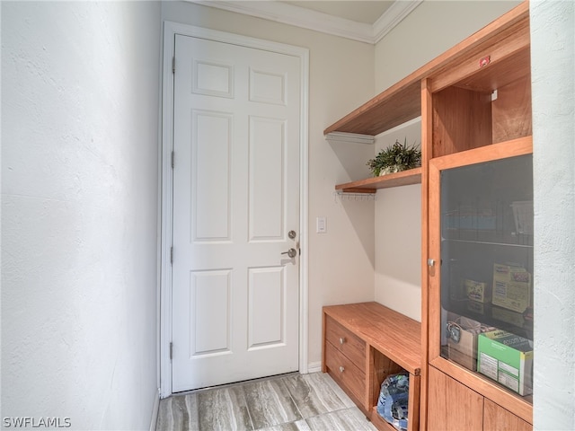 mudroom with light hardwood / wood-style flooring and ornamental molding