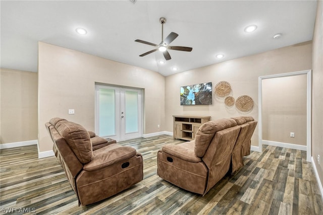 living room with wood-type flooring, vaulted ceiling, french doors, and ceiling fan