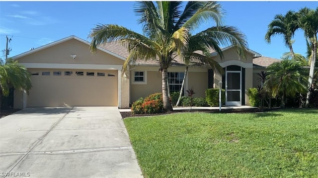 single story home with a front yard and a garage