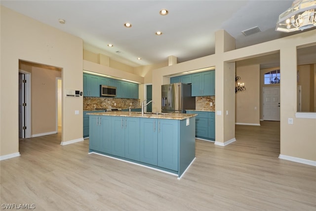 kitchen with lofted ceiling, decorative backsplash, and stainless steel appliances