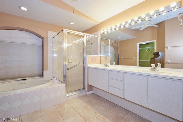 bathroom featuring tile patterned flooring, vanity, independent shower and bath, and ceiling fan