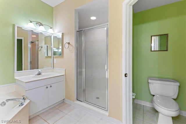 full bathroom with toilet, tile patterned flooring, and shower with separate bathtub