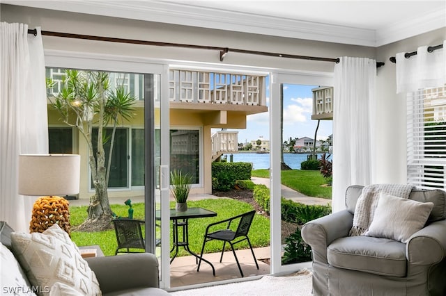 sunroom with a water view