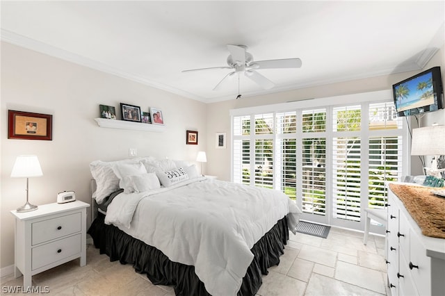 tiled bedroom featuring crown molding and ceiling fan