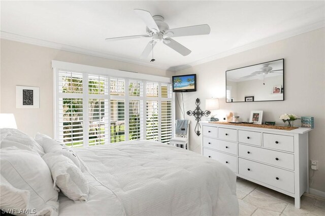 bedroom with light tile patterned flooring, multiple windows, ceiling fan, and crown molding