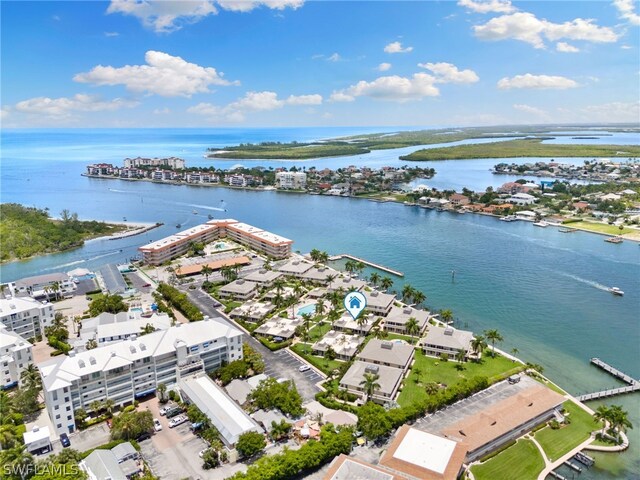 bird's eye view with a water view