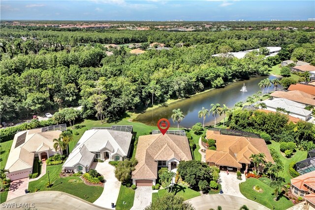 drone / aerial view featuring a water view