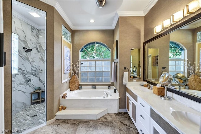 bathroom featuring crown molding, separate shower and tub, a healthy amount of sunlight, and vanity