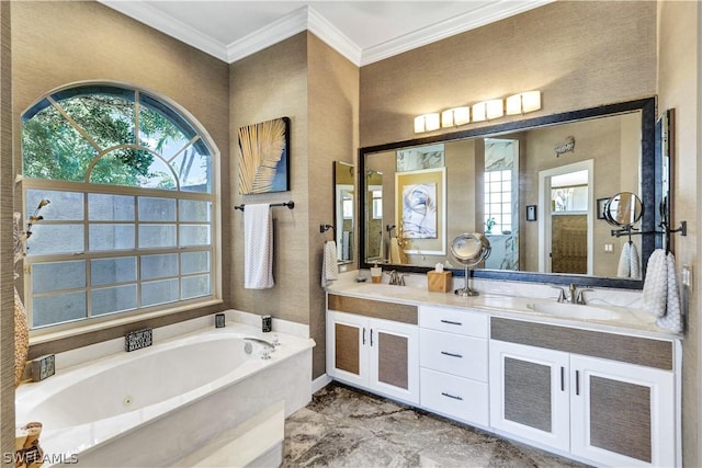 bathroom with crown molding, vanity, and a bathtub