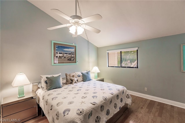 bedroom with lofted ceiling, ceiling fan, and dark hardwood / wood-style floors