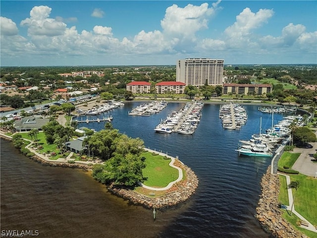 drone / aerial view with a water view