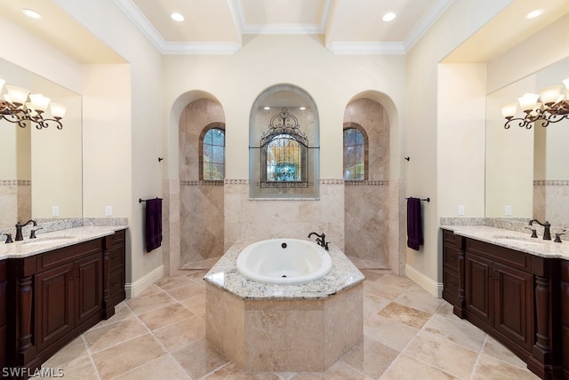 bathroom featuring vanity, a notable chandelier, and crown molding